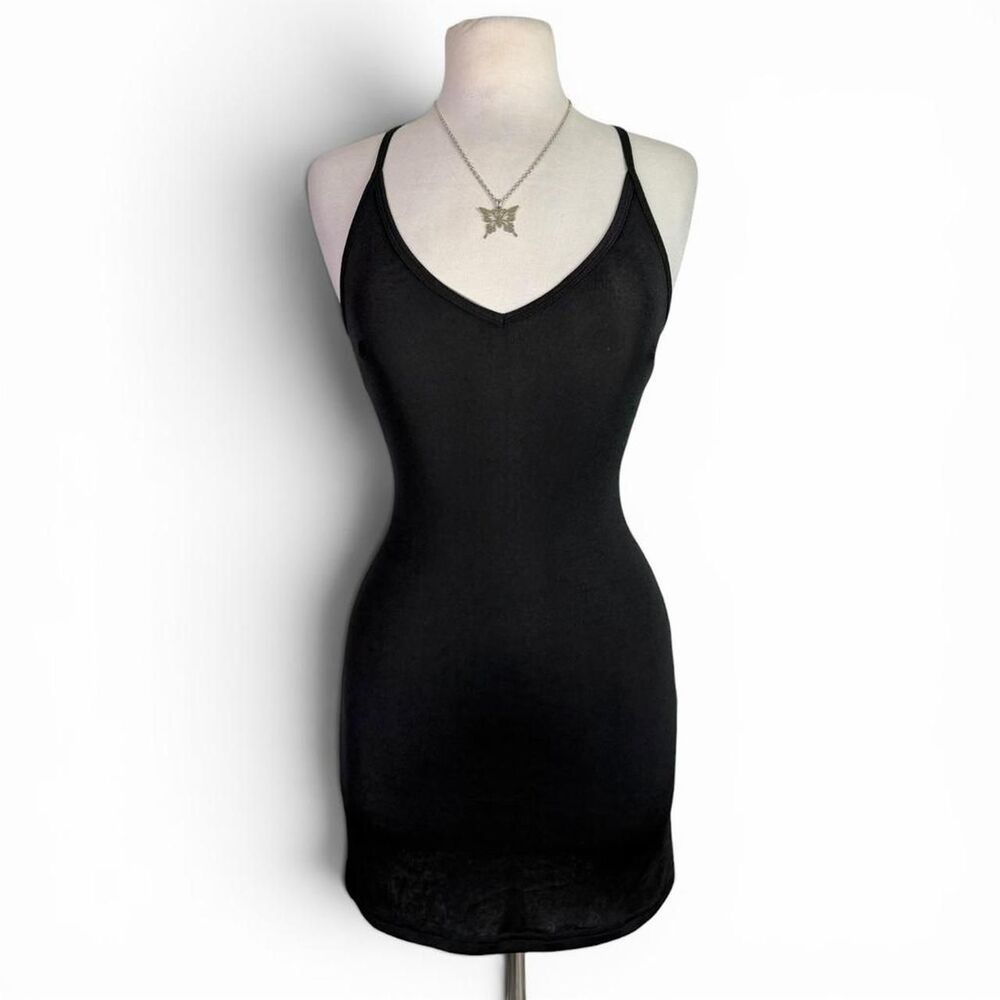 Vintage XOXO Black Bodycon Mini Dress 90s Y2K Slinky Spaghetti Strap V-Neck S